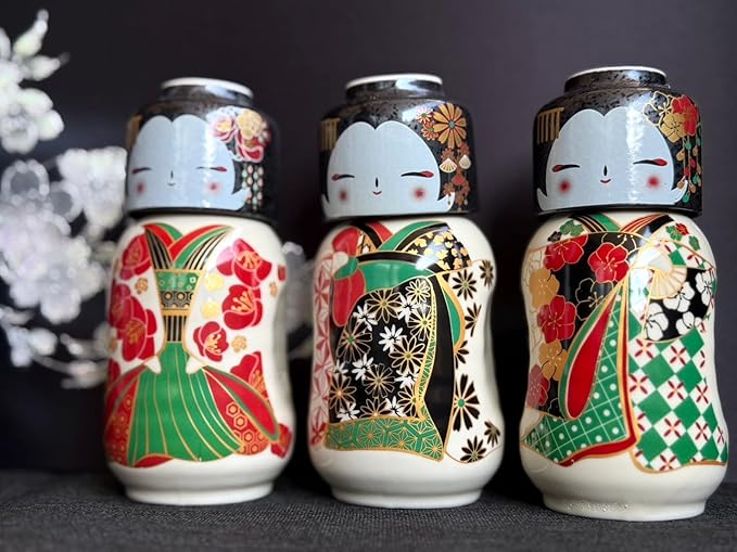 Japanese Traditional Kokeshi Design Sake Wine Soju Ceramic Set with 1 Ochoko Cup and 1 Tokkuri
