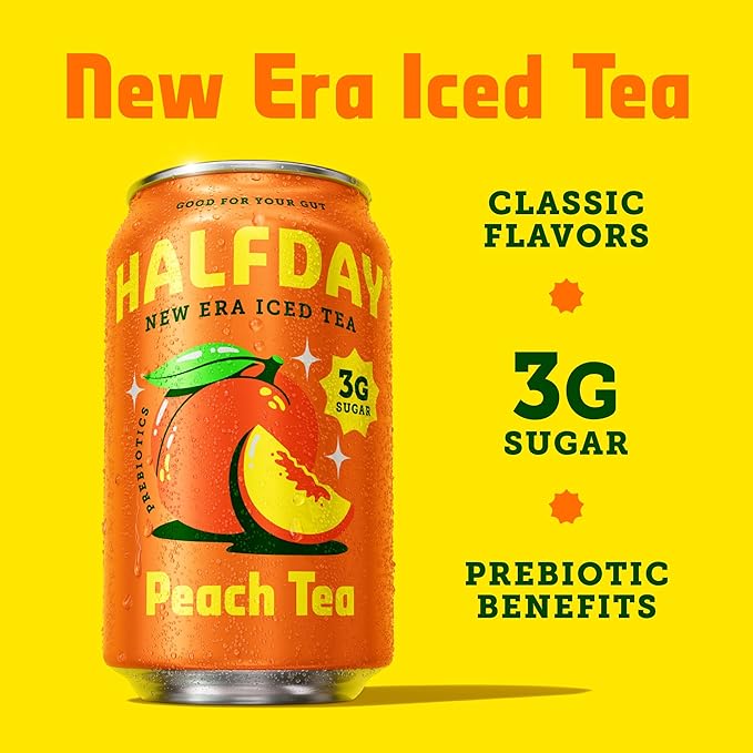 HALFDAY Prebiotic Peach Iced Tea Cans, Supports Digestive & Gut Health, 6g Plant Fiber &