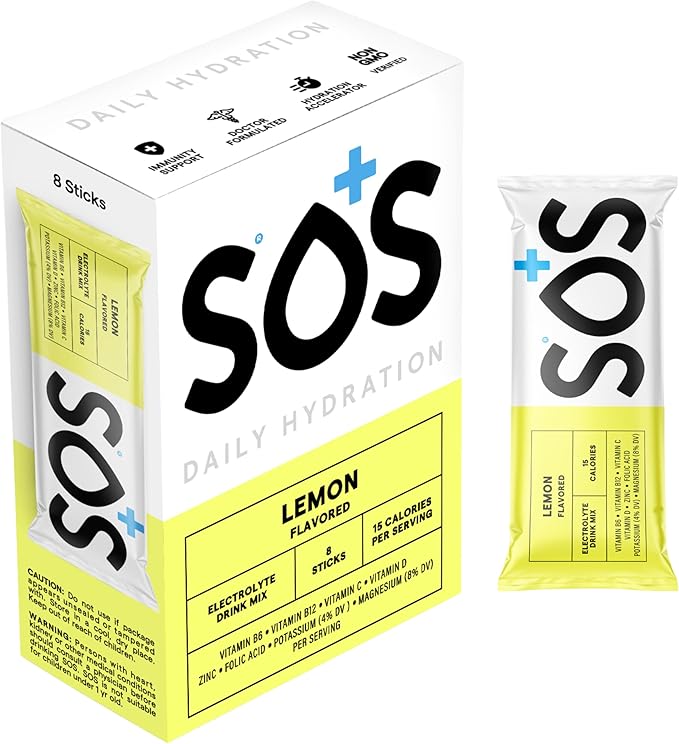 SOS Hydration Electrolyte Powder 8 Stick Packs ??Low-Calorie, Rapid Rehydration, Made in USA, Keto