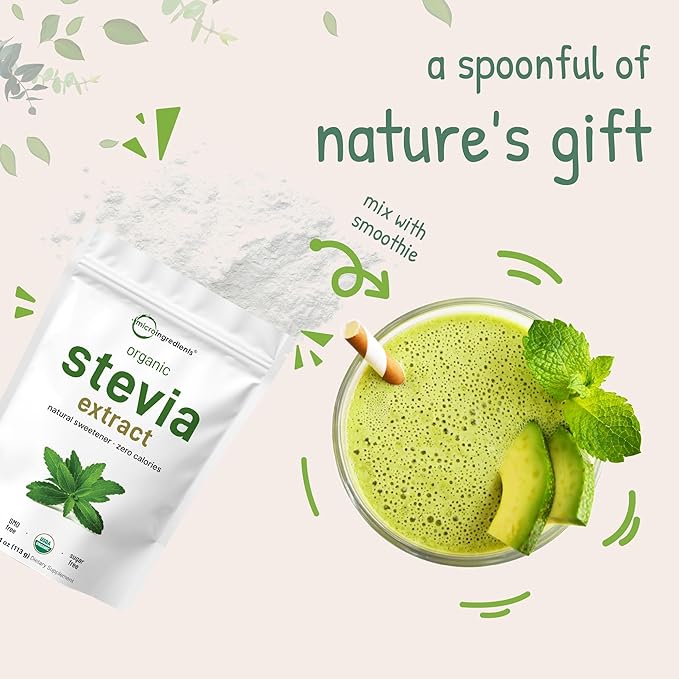 Pure Organic Stevia Powder, 4 Ounces, 706 Serving, Highest Grade Stevia Green Leaf Extract Reb-A