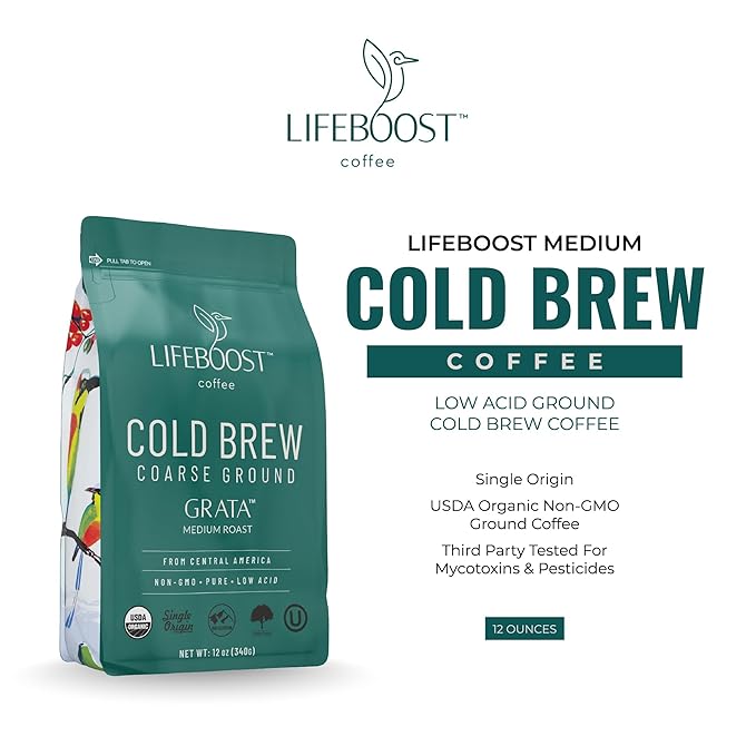Lifeboost Low Acid Cold Brew Coffee – Organic Coarse Ground Medium Roast for Cold Brew – Single