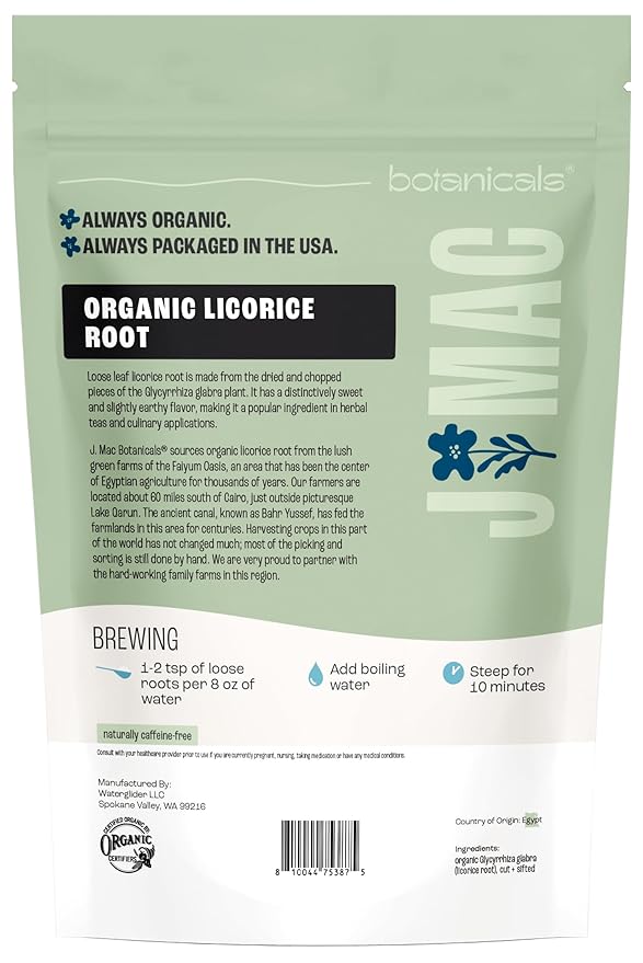 J MAC BOTANICALS Organic Licorice Root Tea, Cut and Sifted, Dried Herb, regaliz Raiz organico