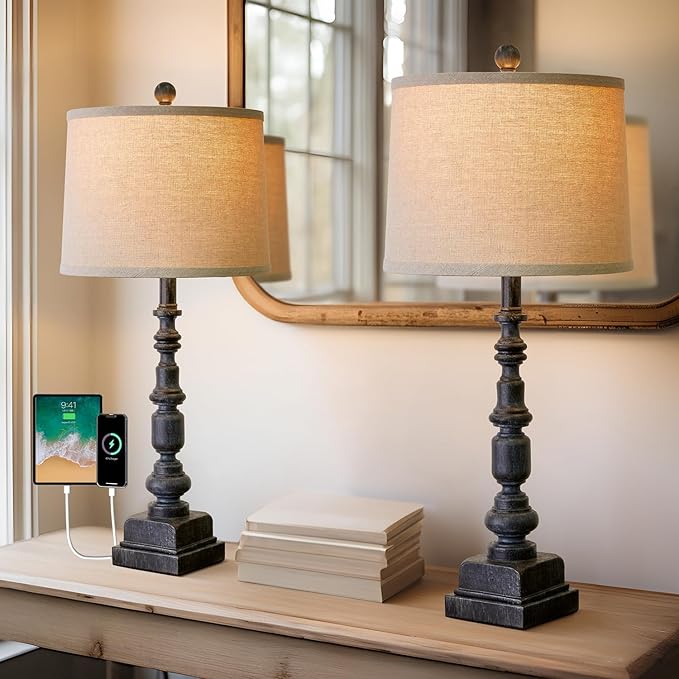 Oneach 27.75” Vintage Farmhouse USB A+C Table Lamps Set of 2 for Living Room Bedroom Traditional