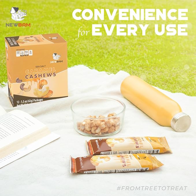 NEWBAM Sea Salt Caramel Cashews Individual Packs - 12 Cashew Snack Packs Roasted Nuts (1.5oz Each)