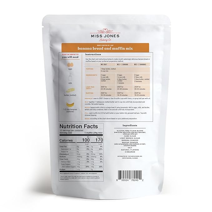 Miss Jones Baking Banana Bread & Muffin Mix - Whole Grains, 50% Lower Sugar, Real Banana, Vegan