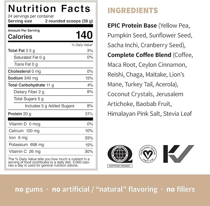Sprout Living, Epic Protein, Plant Based Protein & Superfoods Powder, Complete Coffee | 20 Grams