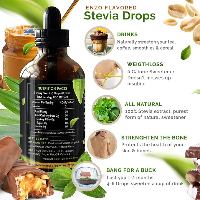Enzo Liquid Stevia Drops Our Zero Calories Sweetener (4oz - 800 Servings/Bottle) - Chocolate Peanut