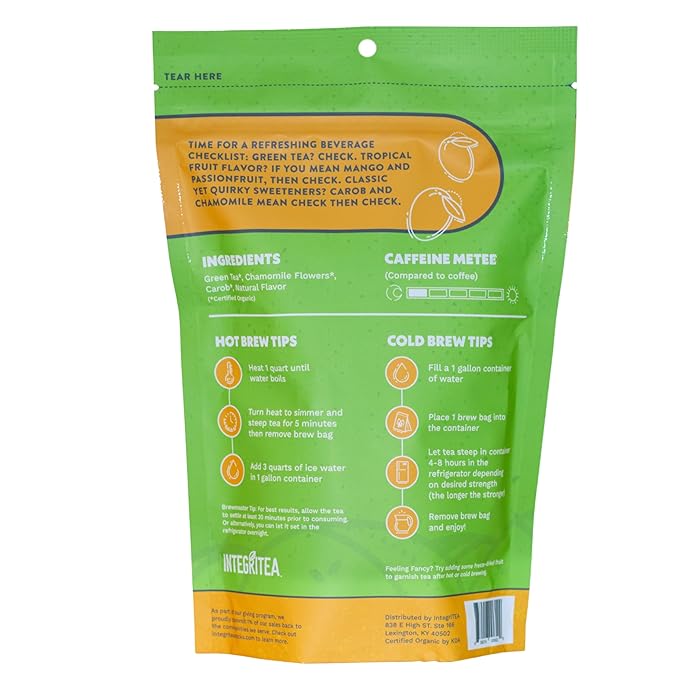 IntegriTEA Green Mango Flavored Green Tea, 6 Organic Unsweetened Iced Tea Bags, 6 Gallons, Hot or