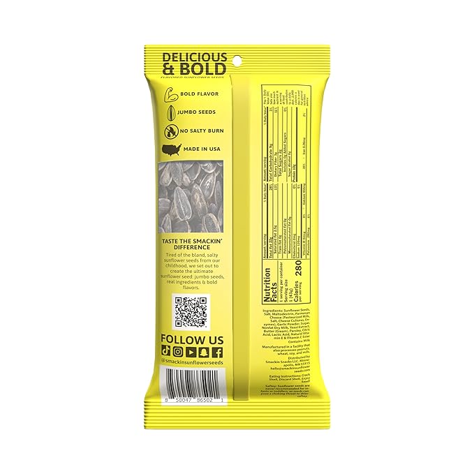 SMACKIN' Sunflower Seeds, Roasted Jumbo Small-Batch, American Made - Garlic Parmesan. 1.5oz bags