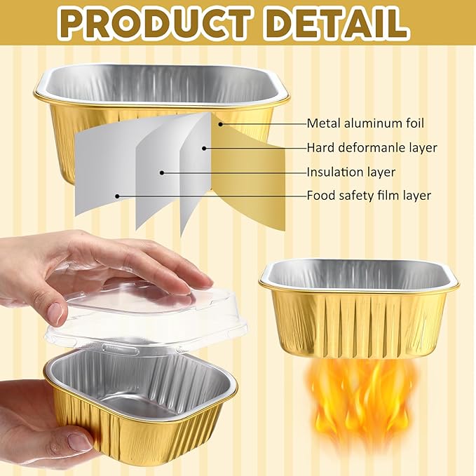 Aoriher 300 Pieces 10 oz Mini Cake Pans with Lids, Aluminum Foil Baking Cups, Square Disposable