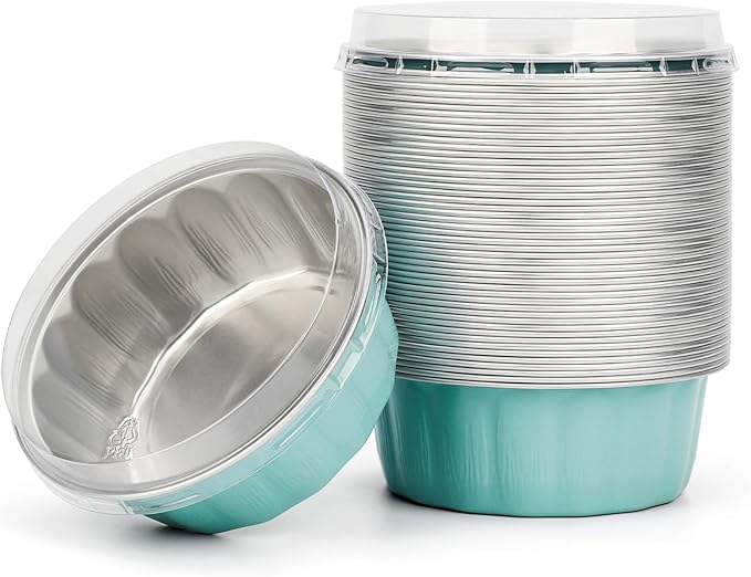 Beasea Disposable Ramekins 8oz, 50 Pack Aluminum Foil Cups with Lids Lake Blue, Disposable Creme
