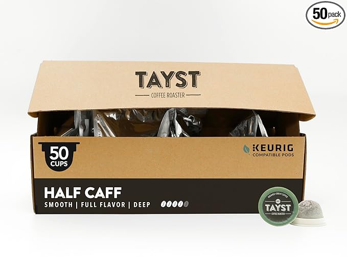 Tayst Coffee Pods, Half Caff Dark Roast, K Cups Compatible with Keurig Coffee Maker, Reduced