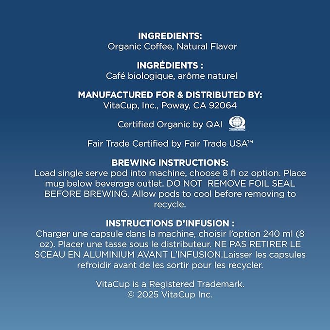 VitaCup Perfect Blueberry Flavored Low Acid Coffee Pods, Organic, Fair Trade, Dark Roast Single