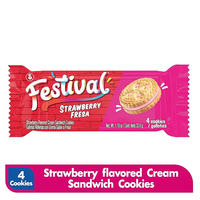 FESTIVAL Strawberry Cookies, Cream Strawberry Sandwich Cookies, Natural Dyes & Low Sodium, High