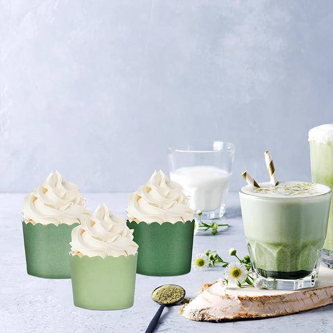 Whaline 120Pcs Sage Green Paper Baking Cups Scalloped Edge Cupcake Wrappers Gradient Green Cupcake