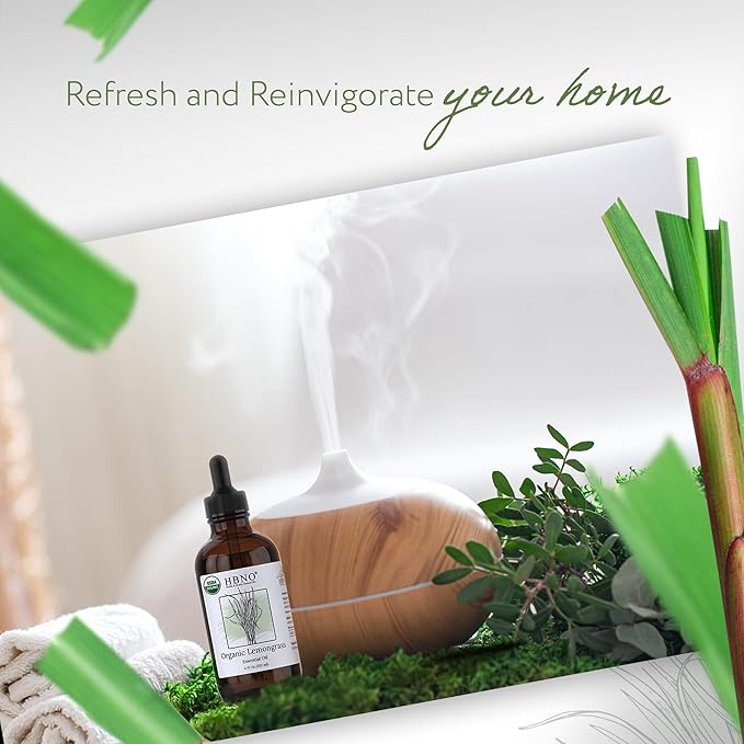 HBNO Organic Lemongrass Essential Oil - Huge 4 oz (120ml) Value Size - USDA Certified Organic