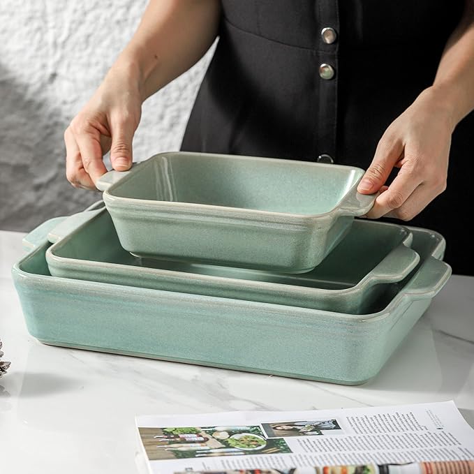 HVH 9x13 Baking Dish Set, Large Casserole Dishes for Oven, Ceramic Bakeware Set of 3, Rectangular