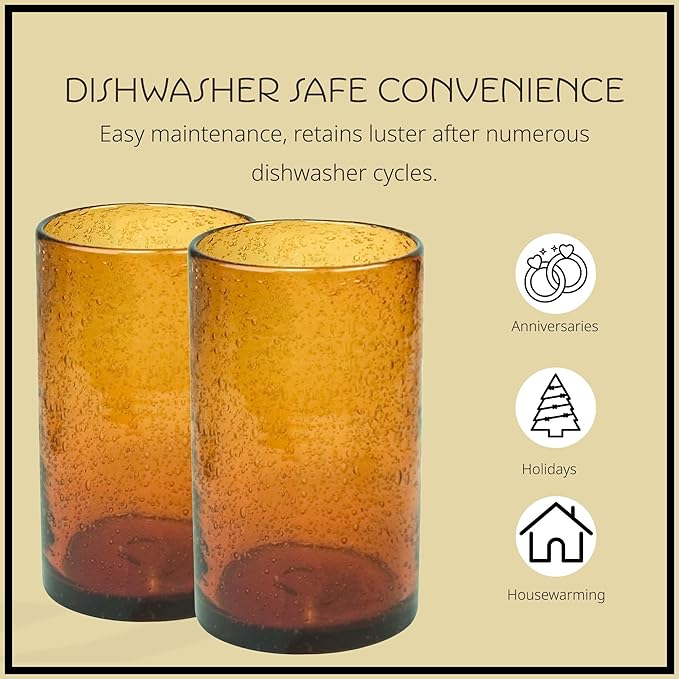 Artland 17oz Highball Tumbler, Set of 4 | Iris Seeded Design, Amber | Drinking Glass for Parties