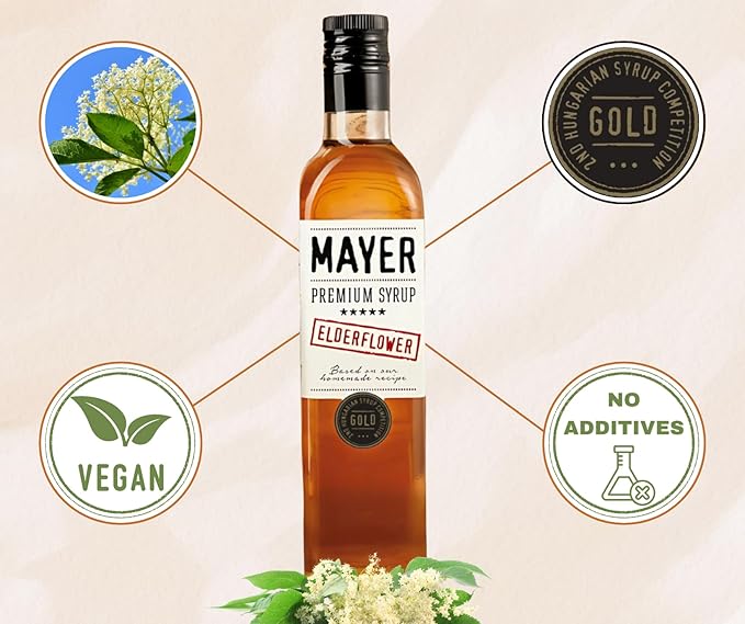 Mayer Premium Artisanal Hungarian Elderflower Syrup (Cordial) ??Award-Winning, Only Elderflowers and 3 Natural Ingredients, Vegan, Perfect for Cocktails, Lemonades ??No Artificial Additives (1 Pack)