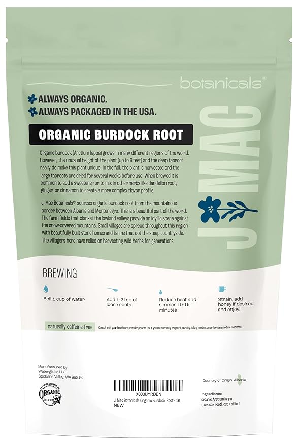 J Mac Botanicals, Organic Burdock Root Tea (16 oz), Certified USDA Organic Burdock Root herb, fresh