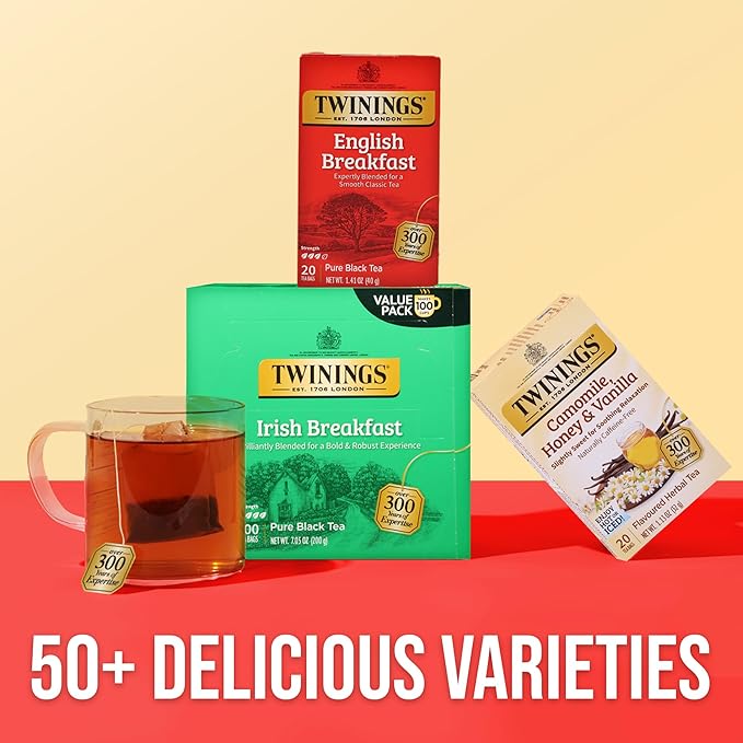 Twinings Irish Breakfast Black Tea Individually Wrapped Bags, 100 Count (Pack of 1), Flavourful