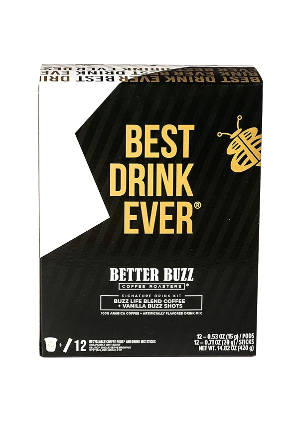 Better Buzz Best Drink Ever Vanilla Latte Single Serve Kit 24ct.,12 Medium Roast Coffee Pods (Buzz