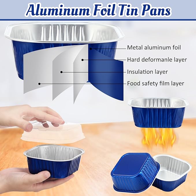 Aoriher 150 Pieces 10 oz Mini Cake Pans with Lids Aluminum Foil Baking Cups Square Disposable 4" x