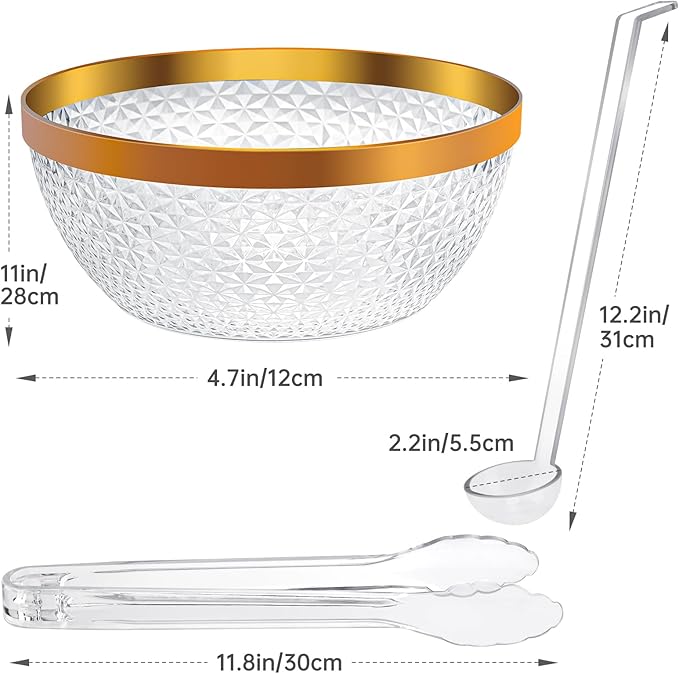 NiHome Plastic Punch Bowl with Ladle and Tong for Parties, Weddings, BBQs, 1.4 Gallon Gold Trim