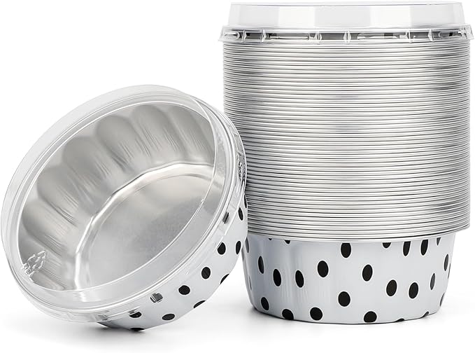 Beasea Disposable Ramekins with Lids, 8oz 50 Pack Black Dot in White Aluminum Foil Cups Disposable