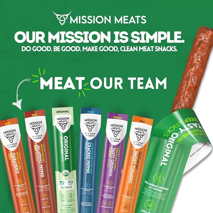Mission Meats 100% Certified Organic Beef Sticks – Pasture-Raised, Zero Sugar, Non-GMO, Healthy