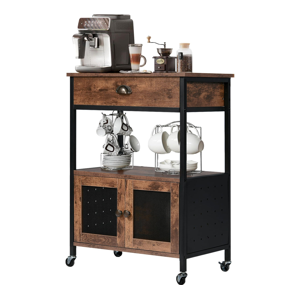 Catrimown Coffee Bar Cart Cabinet,3 Tier Coffee Station Table on Wheels,Coffee Cart with Storage