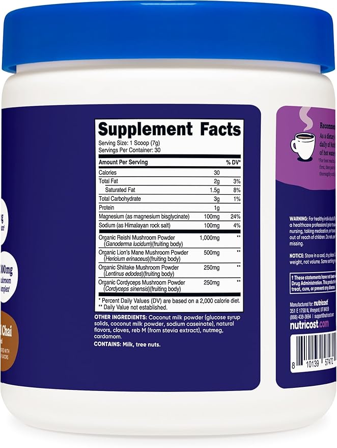 Nutricost Nutrizen PM Unwind Adaptogenic Mushroom Drink (Caramel Chai Flavored) 30 Servings
