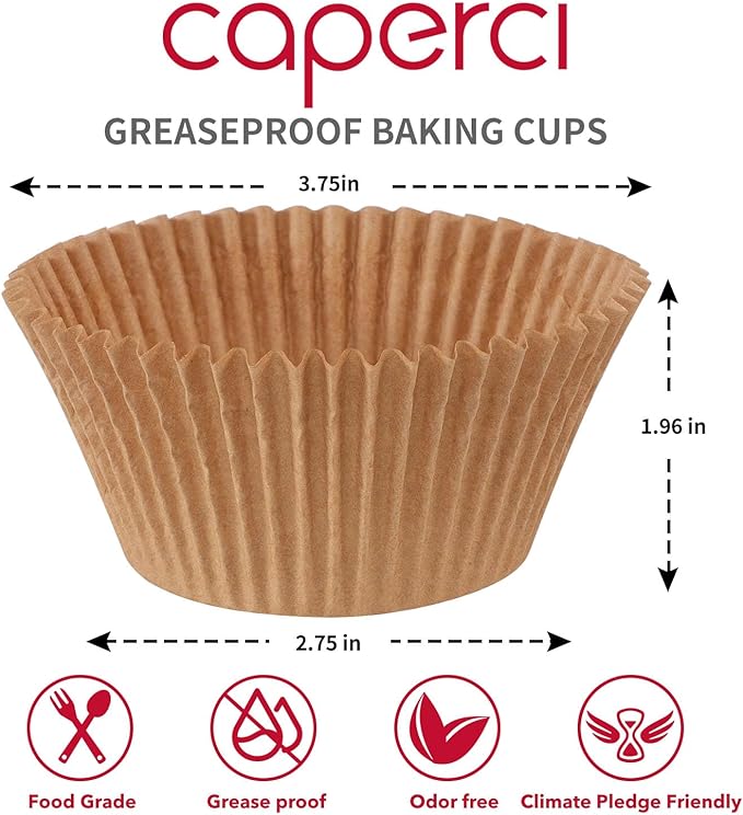 Caperci Natural Jumbo Cupcake Liners Large Baking Cups, Odorless, Food Safe Grease-Proof Papers