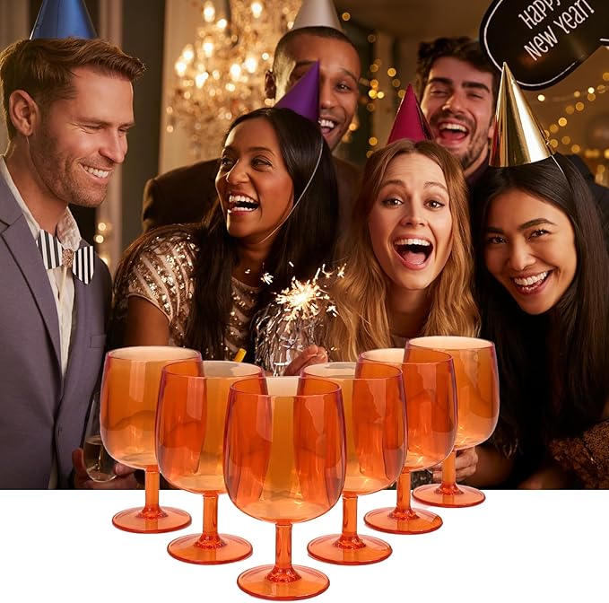 Yalin Set of 6 Unbreakable 12 oz Acrylic Plastic Wine and Water Tumbler Stackable Goblets. (Orange