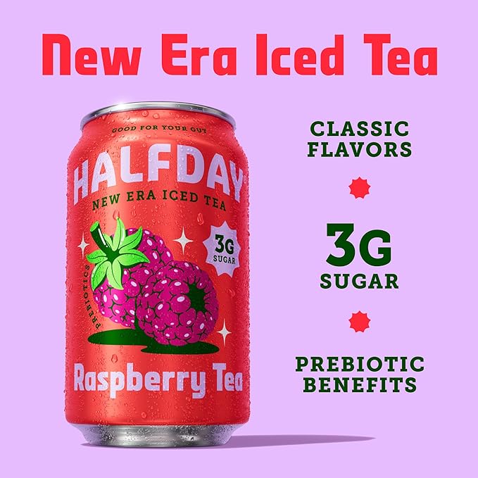 HALFDAY Prebiotic Raspberry Iced Tea Cans, Supports Digestive & Gut Health, 6g Plant Fiber &
