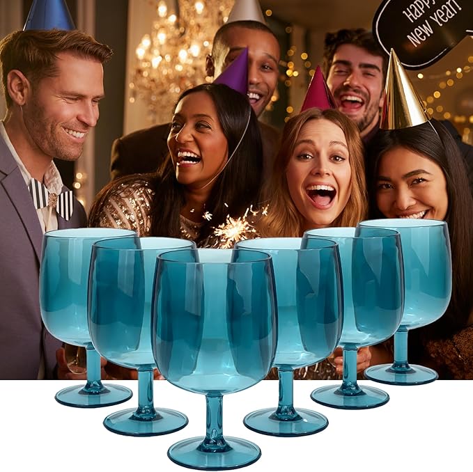 Yalin Set of 6 Unbreakable 12 oz Acrylic Plastic Wine and Water Tumbler Stackable Goblets. (Cyan