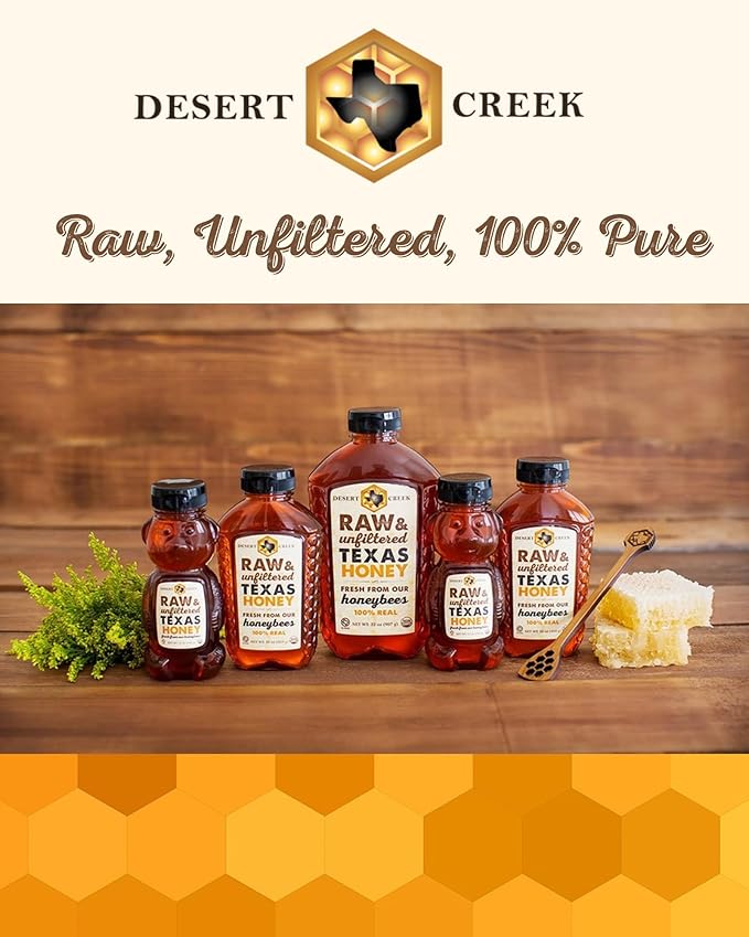 Desert Creek Honey - 100% Unfiltered, Pure, Raw Honey from Texas - Natural Sugar Substitute - One