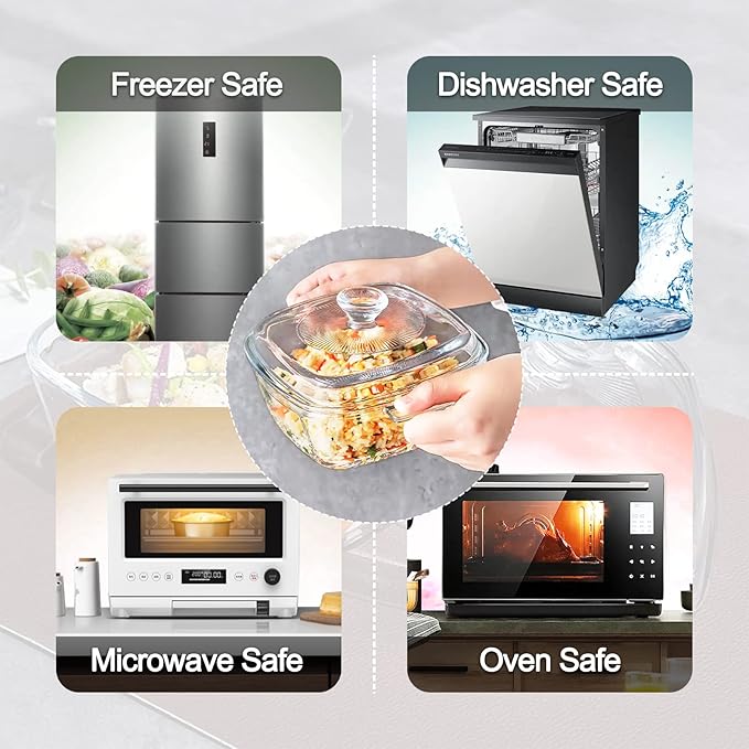 Clear Square Glass Casserole with Lid, Baking Dish with Glass Cover, Oven, Freezer and Dishwasher