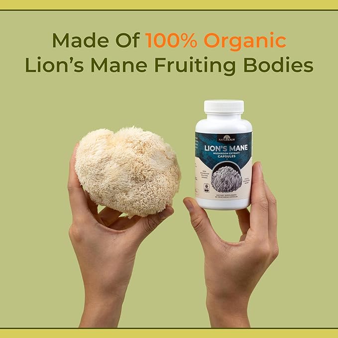 Naturealm Lions Mane Mushroom Supplement - Organic Brain Support for Focus Memory Mental Clarity