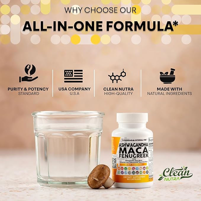 Clean Nutraceuticals Ashwagandha Maca Root Fenugreek Supplement with Tongkat Ali Ginseng - Assists