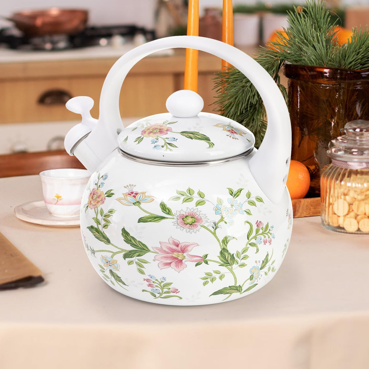 Jucoan 2.3 Quart Vintage Enamel Tea Kettle, Whistling Tea Kettle for Stove Top, Floral Enamel on
