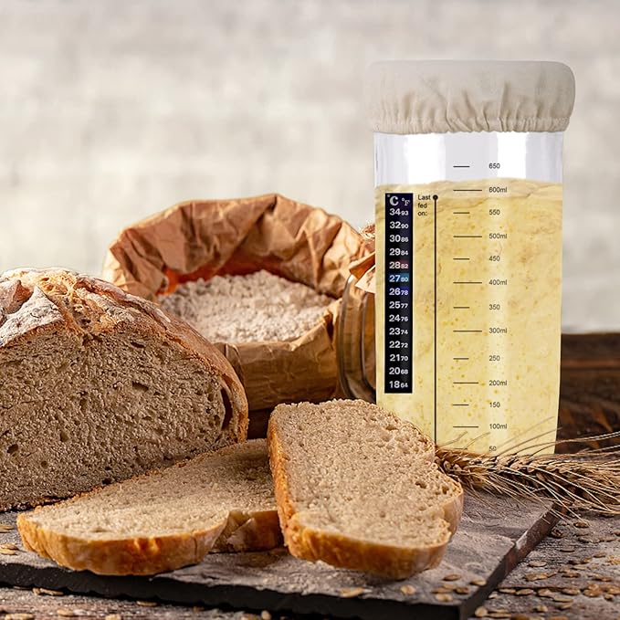 Sourdough Starter Jar Kit, 650ml Sourdough Starter Jar With Thermometer, Silicone Scraper, Cloth