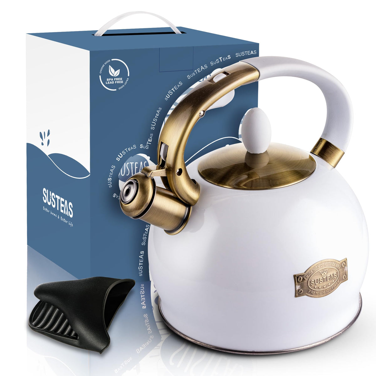 SUSTEAS Whistling Tea Kettle, 2.7QT Food-Grade Steel Teapot, WHITE