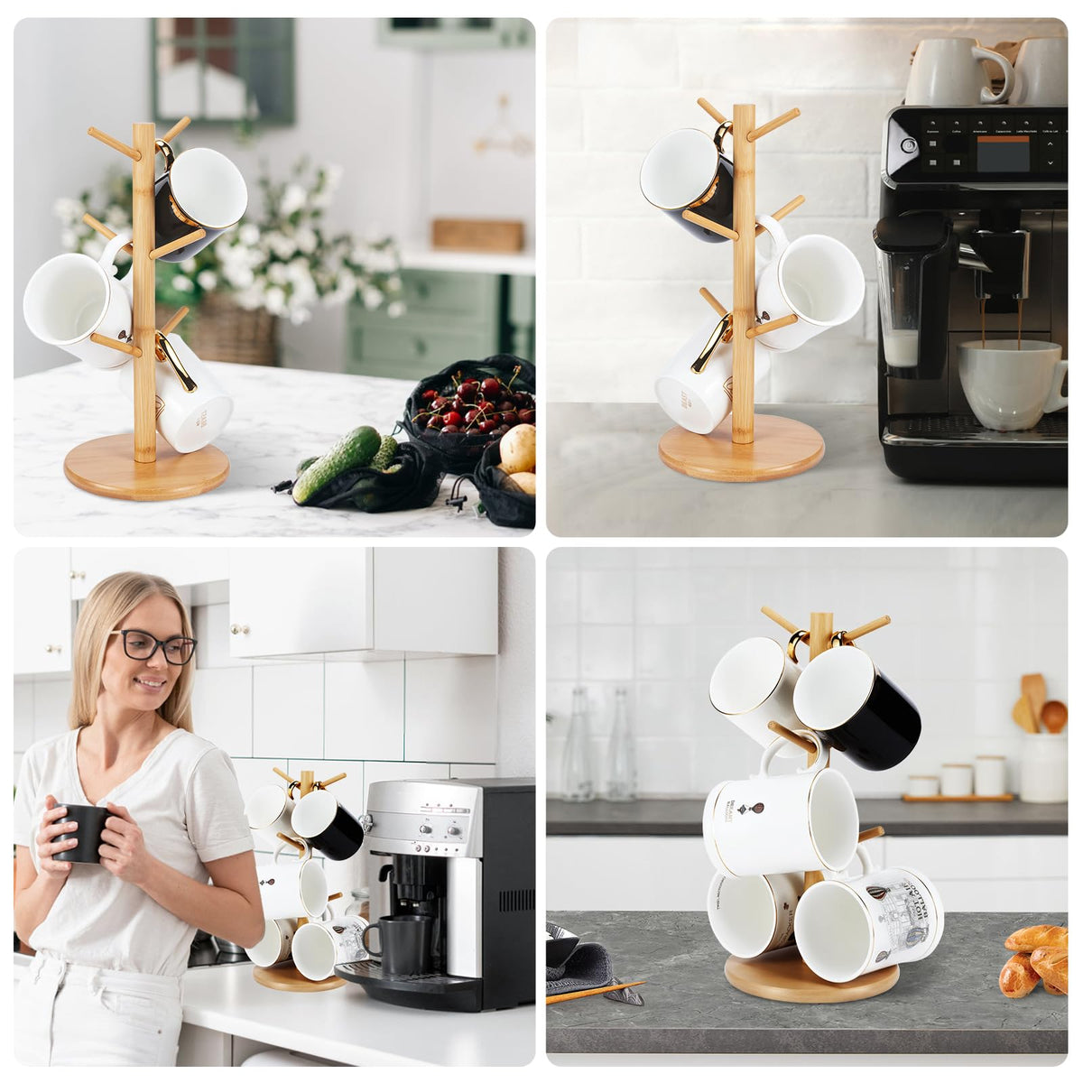 Bamboo Mug Tree Holder, Upgraded Screw Type 6 Hooks Coffee Mug Holders