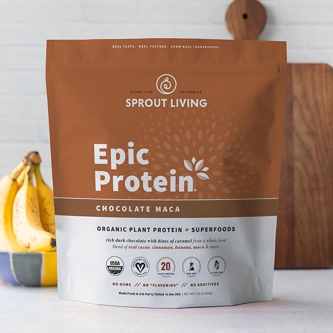 Sprout Living Epic Protein, Plant Based Protein & Superfoods Powder, Chocolate Maca Powder | 20