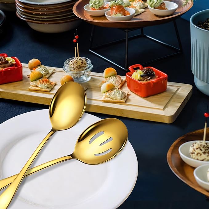 4 Piece Stainless Steel Serving Spoons Set, 10-Inch, Includes 2 Large, 2 Slotted, for