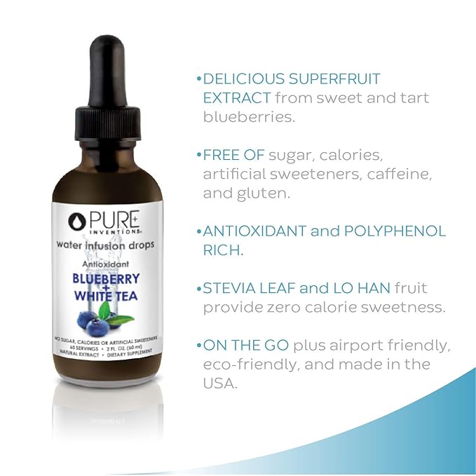 Pure Inventions - Blueberry & White Tea Water Infusion Drops - Antioxidants & Electrolytes - Health
