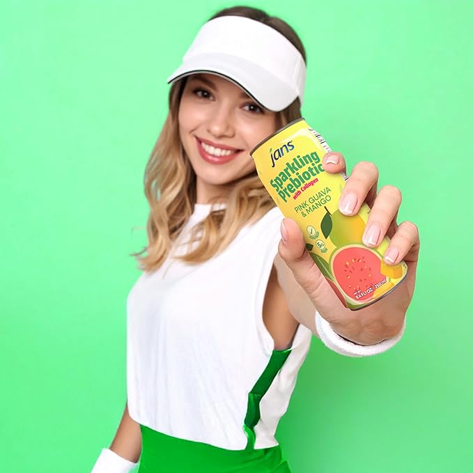 Jans Sparkling Prebiotic with Collagen Soda Beverage ??Pink Guava & Mango 8.4 Fl Oz (6-Pack) ??Low