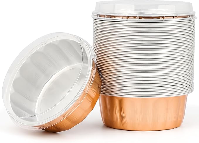 Beasea Disposable Ramekins 8oz, 50 Pack Rose Gold Aluminum Foil Cups with Lids, Disposable Creme