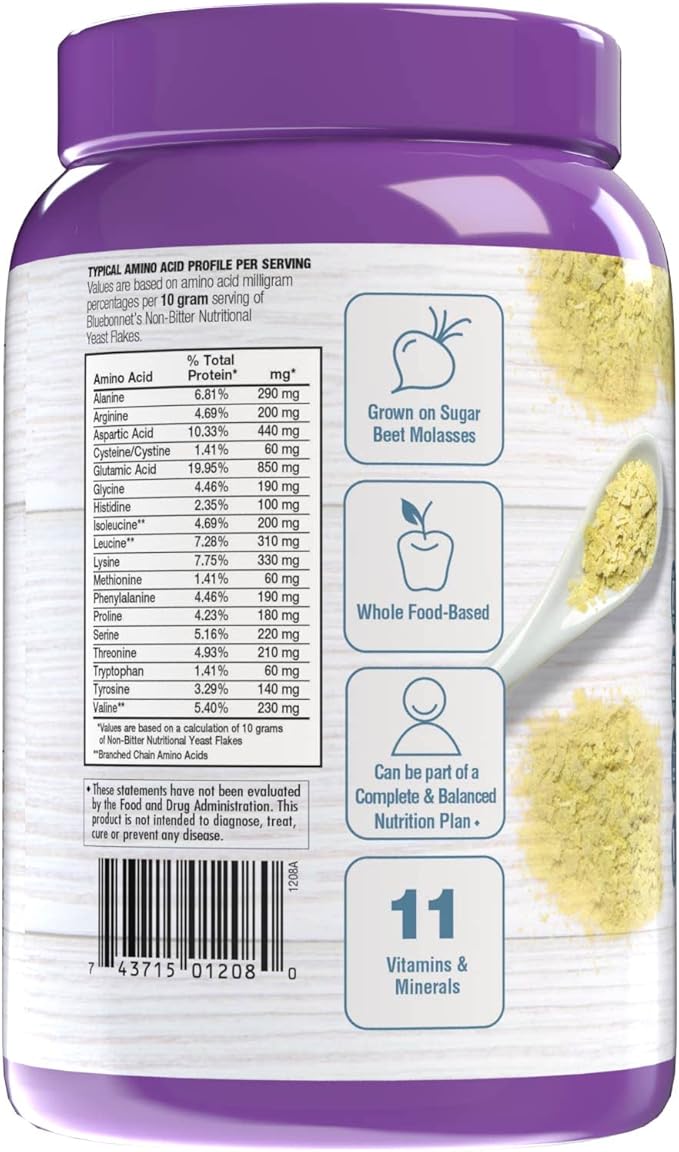BlueBonnet Nutrition Non-Bitter Nutritional Yeast Flakes - Plant-Sourced Protein, B Vitamins &